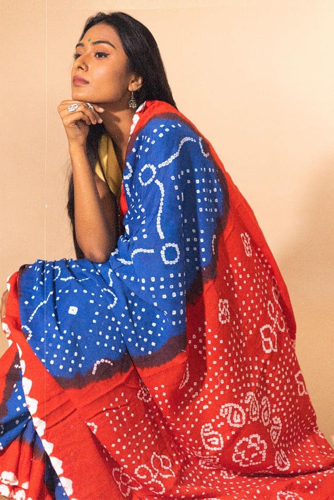 Boond - Kaisori Bandhani orange and blue Bandani cotton designer saree view 3