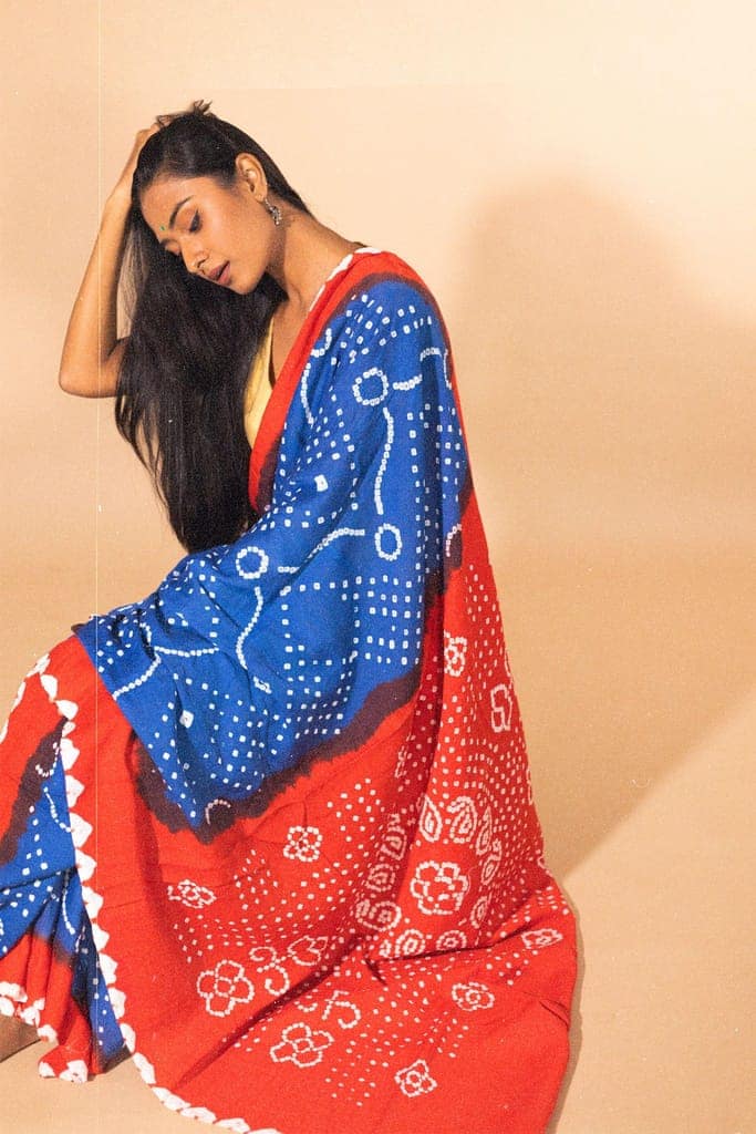 Boond - Kaisori Bandhani orange and blue Bandani cotton designer saree view 4