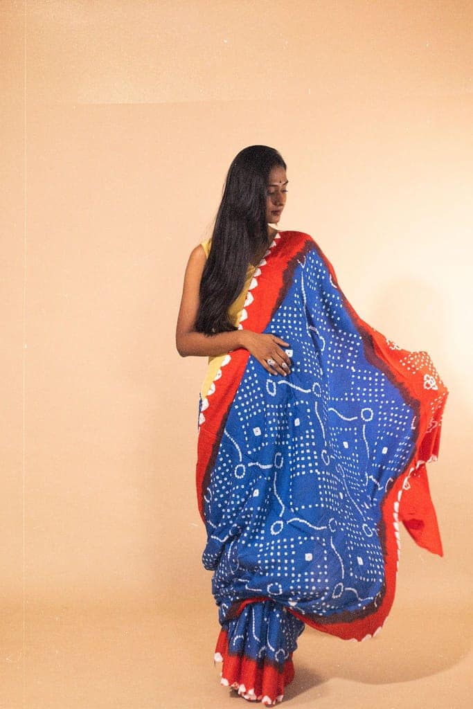 Boond - Kaisori Bandhani orange and blue Bandani cotton designer saree view 5