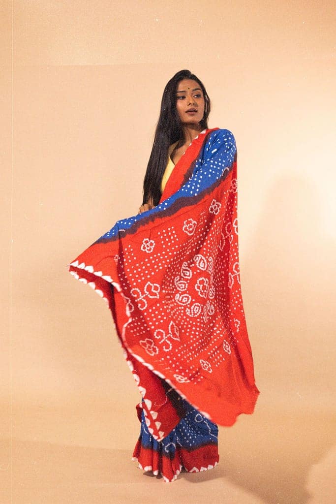 Boond - Kaisori Bandhani orange and blue Bandani cotton designer saree view 7