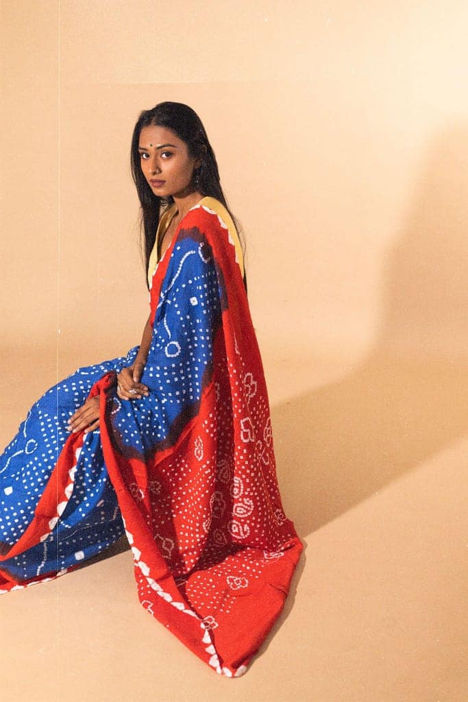 Boond - Kaisori Bandhani orange and blue Bandani cotton designer saree view 8