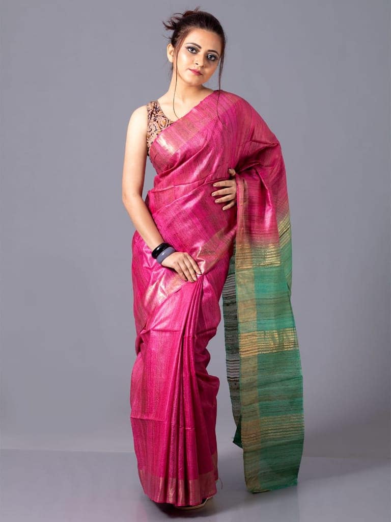 Hot Pink & Green Silk Blend Saree