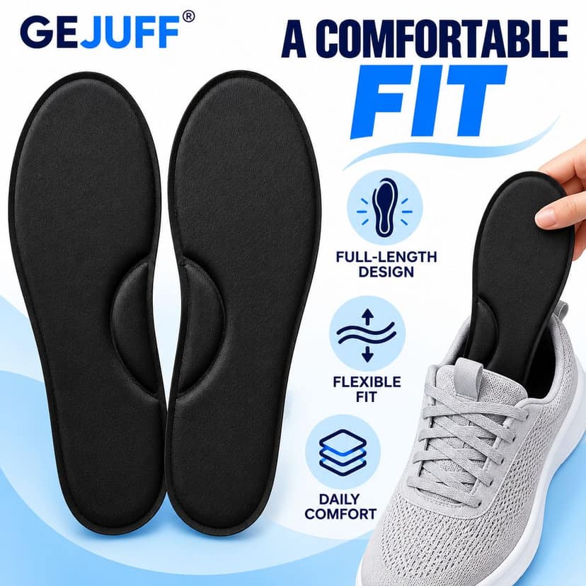 GEJUFF Pack of 2 Pairs Memory Foam Insoles for Men & Women, Cushioned Shoe Inserts with Arch Support for Walking, Running & Everyday Comfort, Black view 2