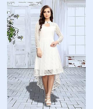 ZELZIS Women Net Printed Asymmetric Dress ( White )