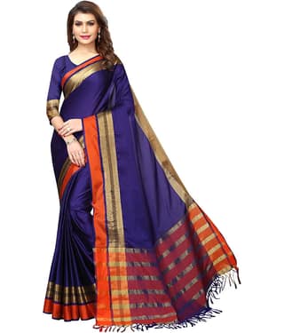 NIGHT BLUE Cotton Blend Solid Saree With Unstitched Blouse Piece ( Blue )