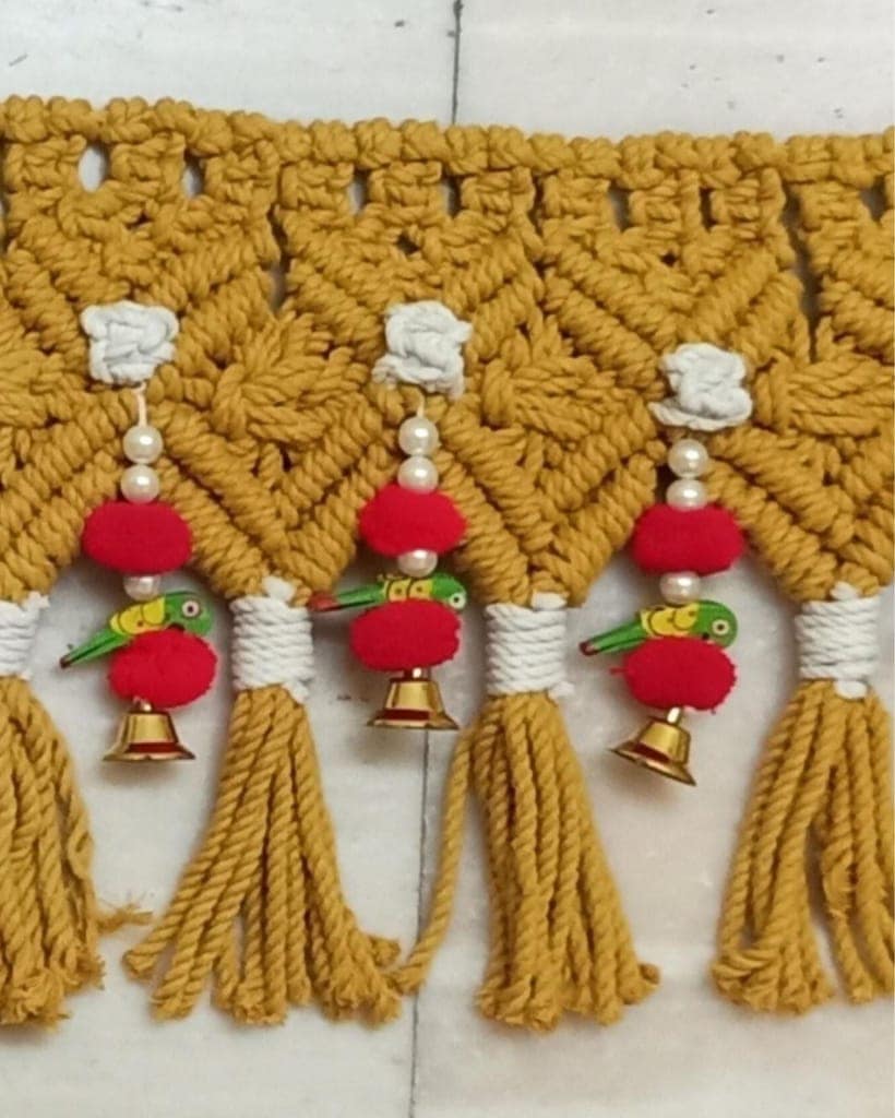 Macrame Handmade Toran with Parrot/Bell Decoration Mustard Yellow Color (Color can be customized)-7934 view 3