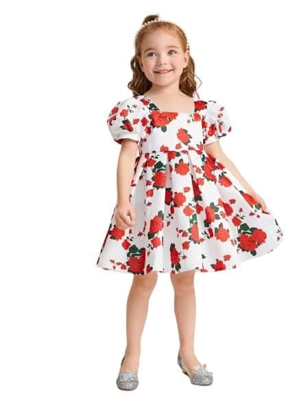 Buy & Try Girl's Satin Sizuka Floral Printed Frock Knee Length Short Frocks Dress.