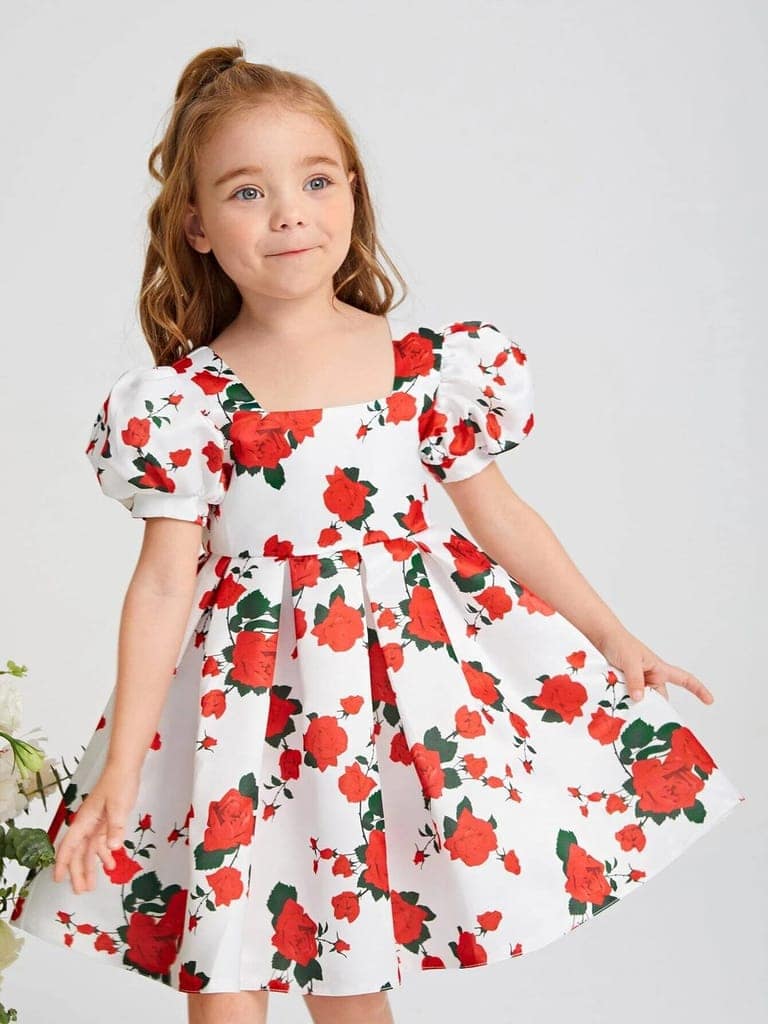 Buy & Try Girl's Satin Sizuka Floral Printed Frock Knee Length Short Frocks Dress. view 2