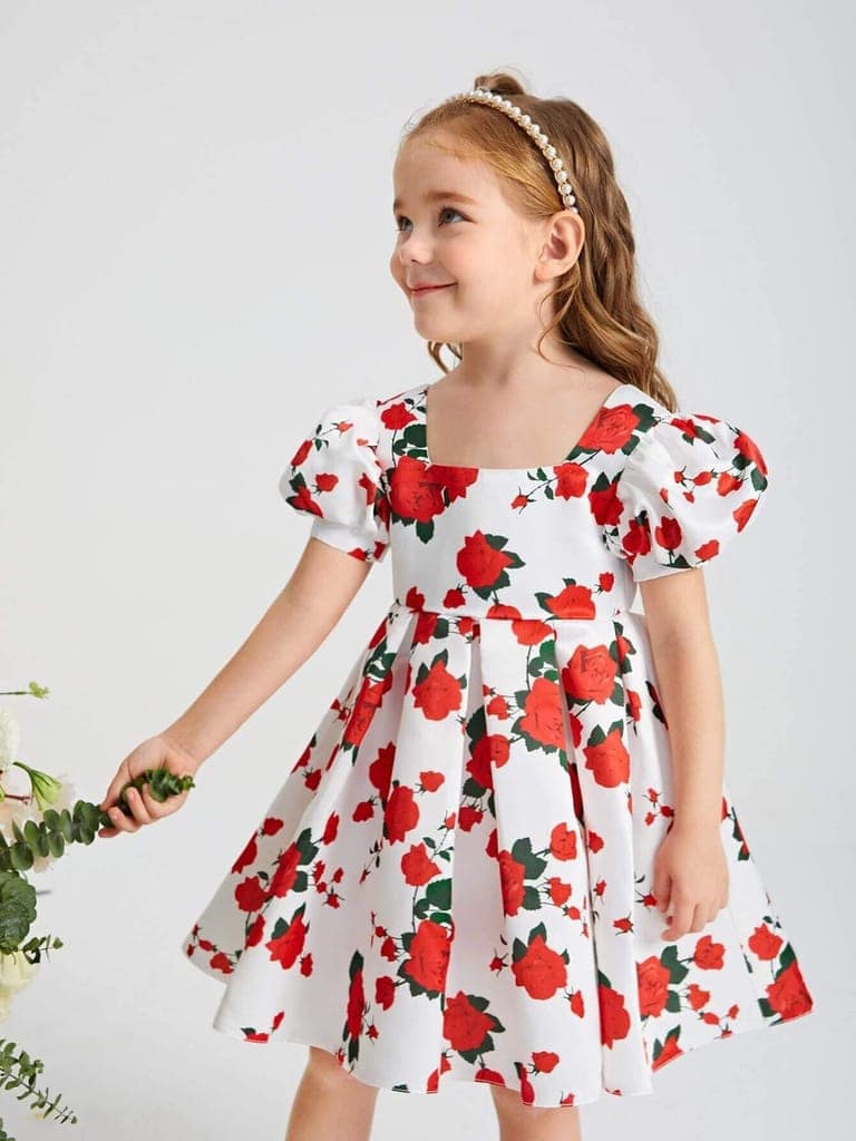 Buy & Try Girl's Satin Sizuka Floral Printed Frock Knee Length Short Frocks Dress. view 3