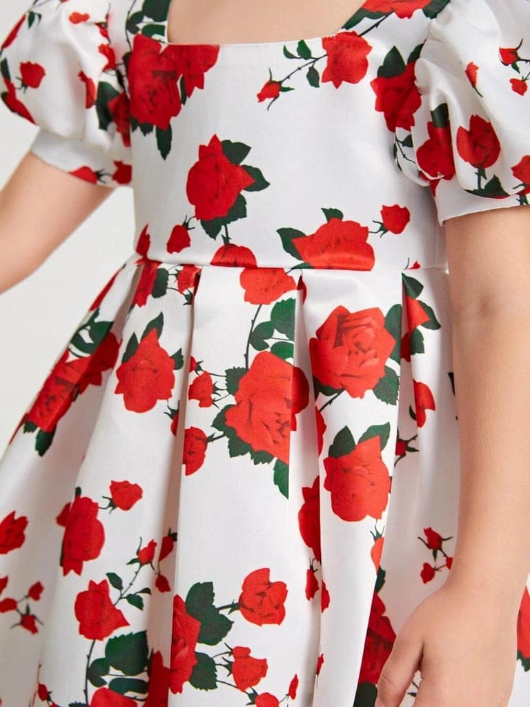 Buy & Try Girl's Satin Sizuka Floral Printed Frock Knee Length Short Frocks Dress. view 4