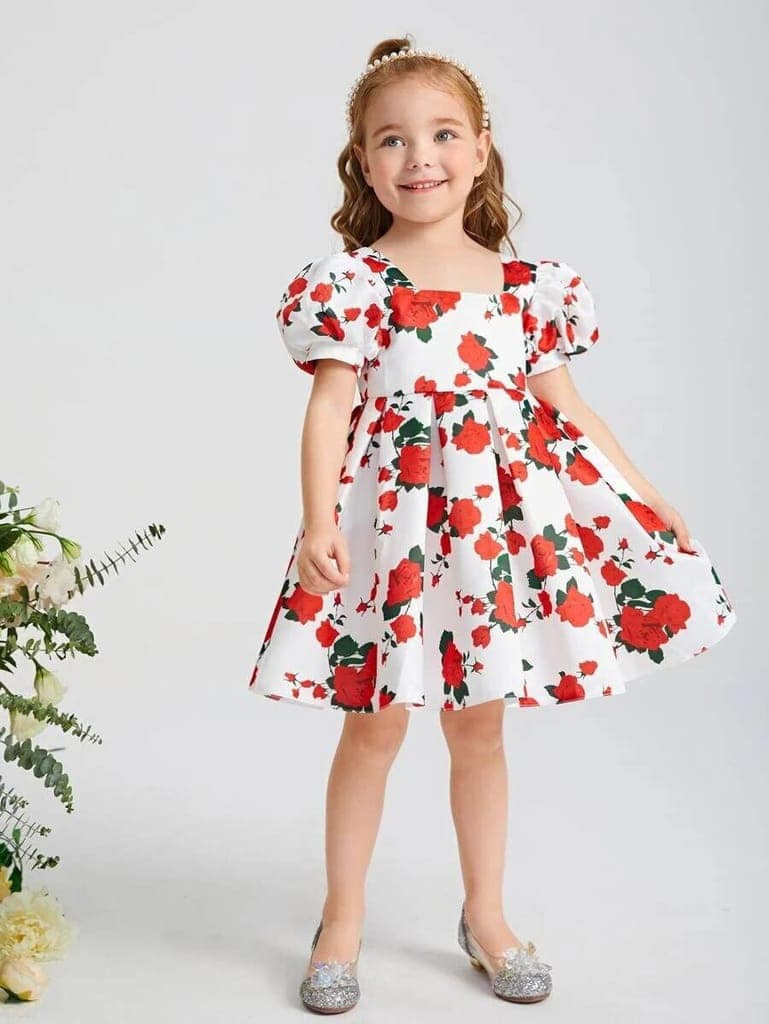 Buy & Try Girl's Satin Sizuka Floral Printed Frock Knee Length Short Frocks Dress. view 5