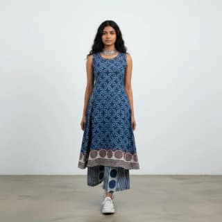 Navy Blue Handloom Cotton Co-Ord Set with Pockets and Hand Embroidery