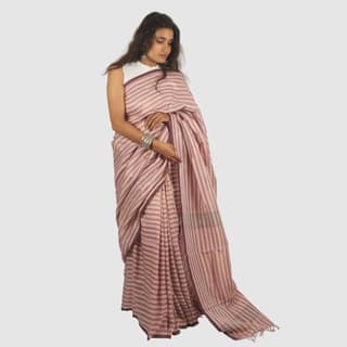 Authentic Maheshwari Cotton Silk Handloom Saree Blush Pink & Beige