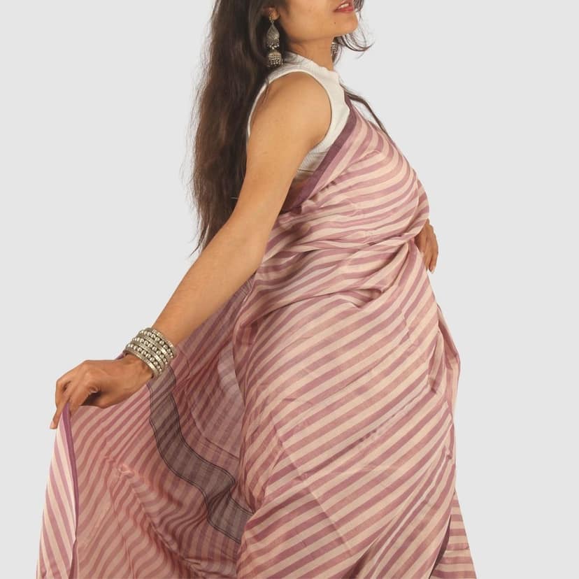 Authentic Maheshwari Cotton Silk Handloom Saree Blush Pink & Beige view 3