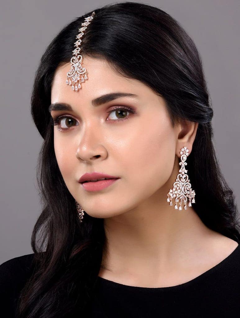 Rose Gold plated AD studded flower Design Mangtika & Earring set view 4