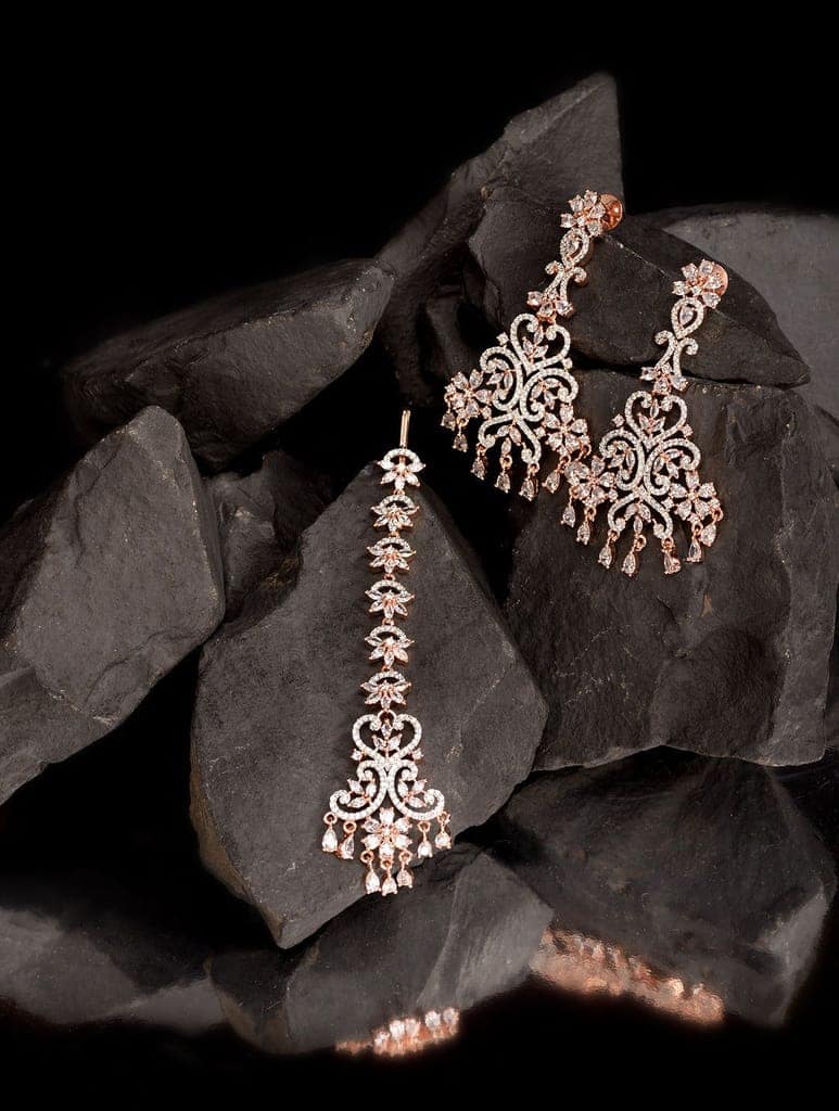 Rose Gold plated AD studded flower Design Mangtika & Earring set view 8
