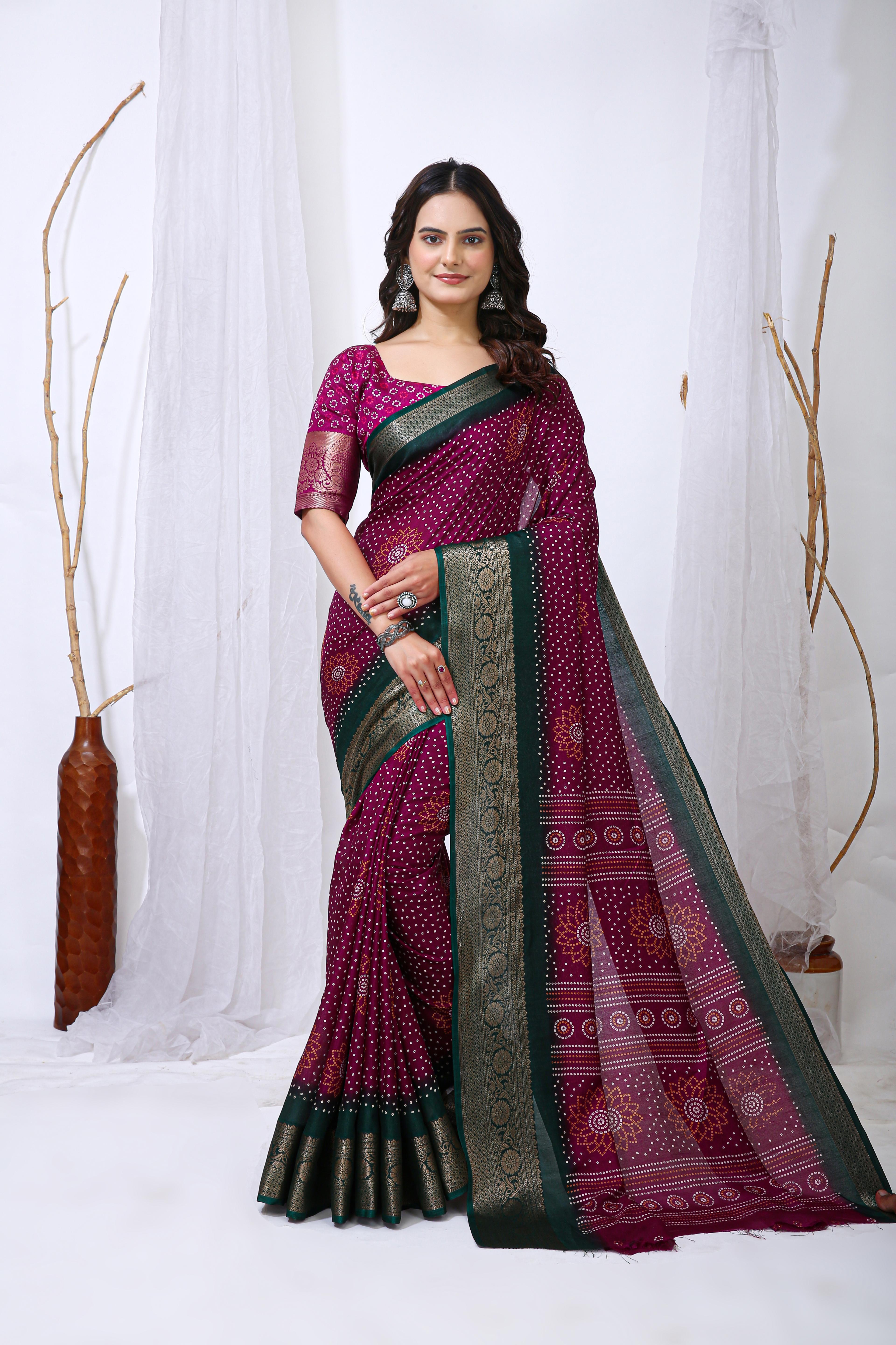 Bandhani Print Dola Silk Saree with Zari Border