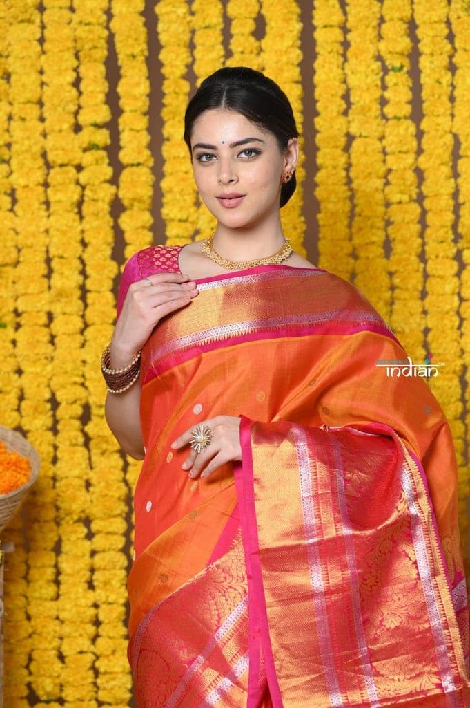 Rajsi~ EXCLUSIVE! Handloom Pure Silk Gadwal Saree Handcrafted Zari Pallu in Orange Pink view 2