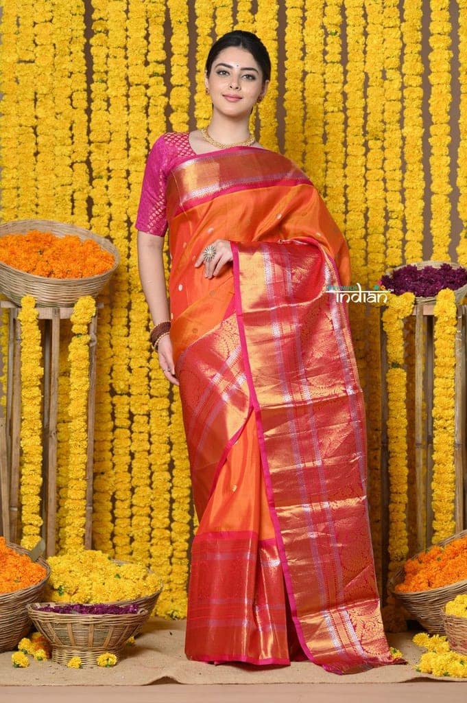 Rajsi~ EXCLUSIVE! Handloom Pure Silk Gadwal Saree Handcrafted Zari Pallu in Orange Pink view 3