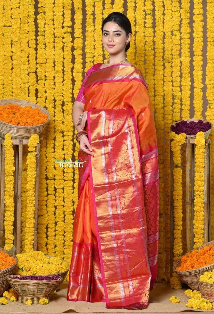 Rajsi~ EXCLUSIVE! Handloom Pure Silk Gadwal Saree Handcrafted Zari Pallu in Orange Pink view 4