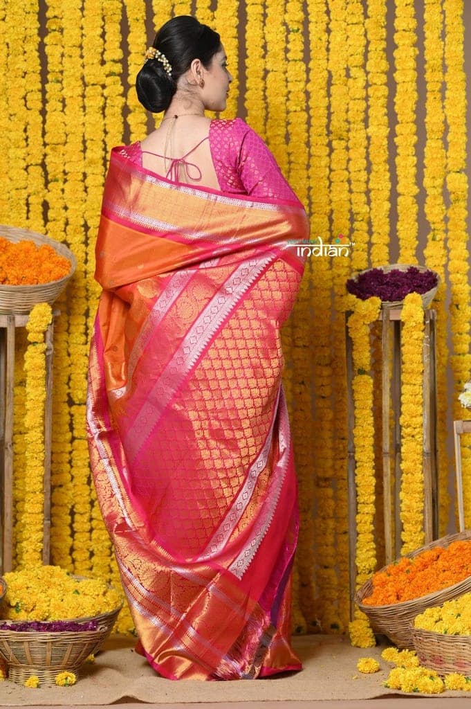 Rajsi~ EXCLUSIVE! Handloom Pure Silk Gadwal Saree Handcrafted Zari Pallu in Orange Pink view 5