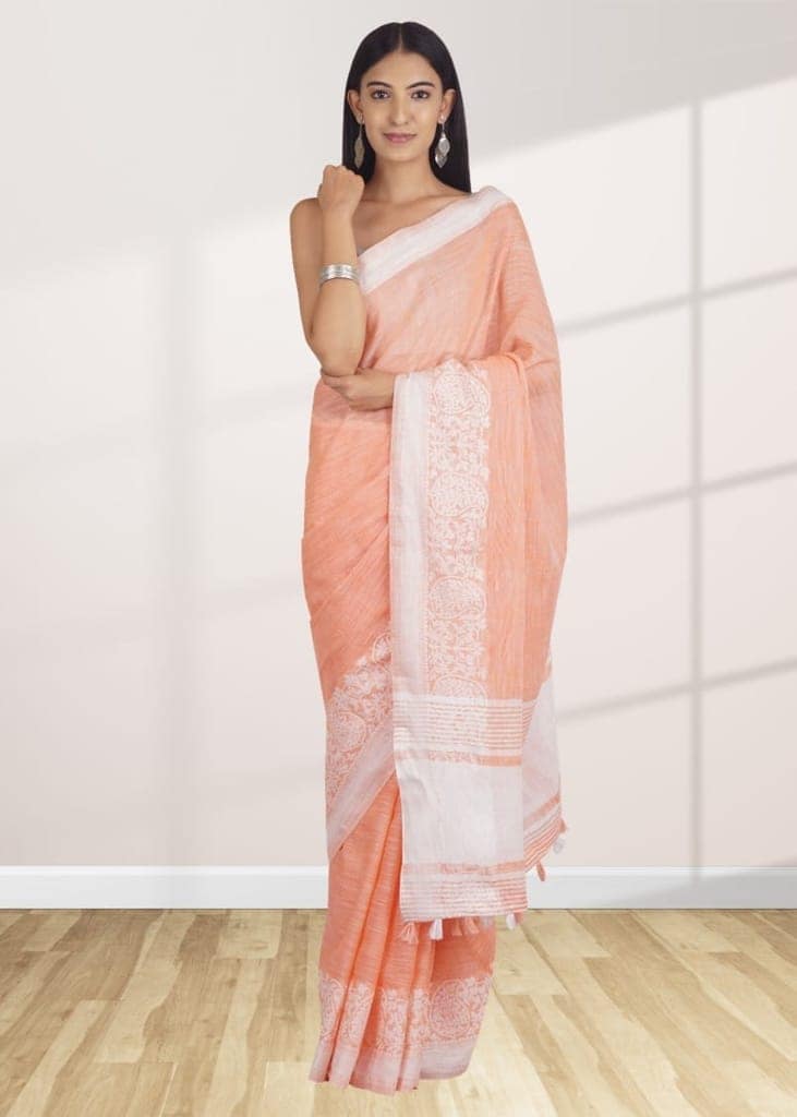 Peach Linen Saree With Woven Design