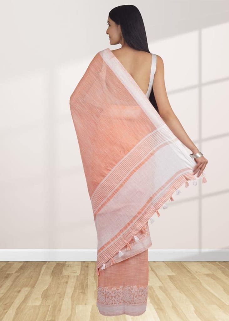 Peach Linen Saree With Woven Design view 2