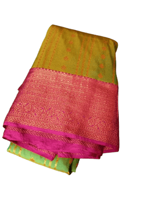 Green and Pink Silk Saree with Golden Zari Border