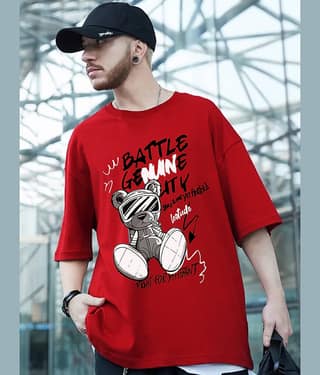 Leotude Cotton Blend Oversized Fit Printed Half Sleeves Men's Round T-Shirt - Red ( Pack of 1 )