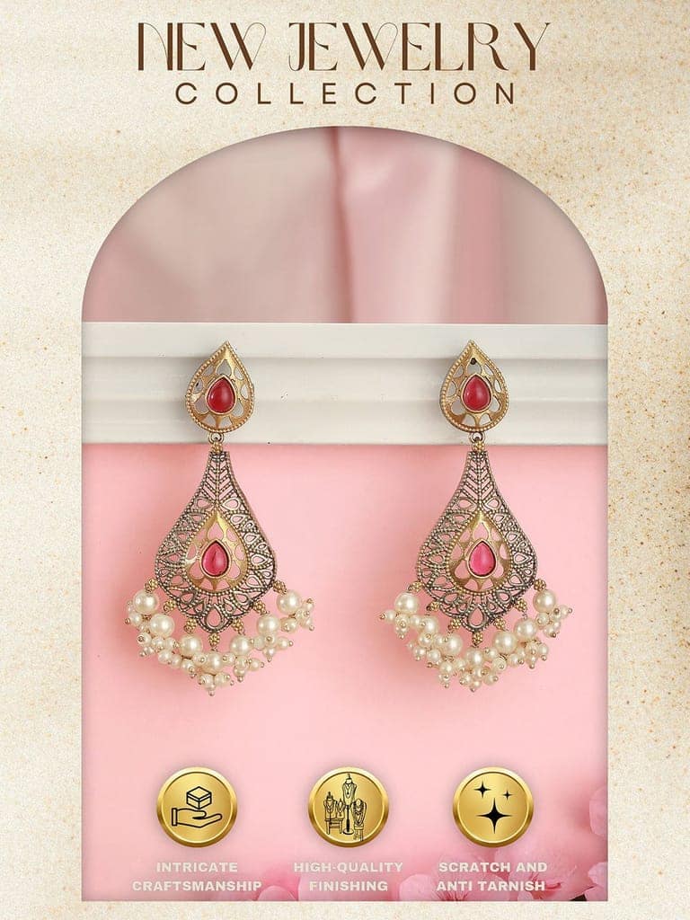 Oxidised Red Stone Studded Filigree Handcrafted Dangler Chandbali Earrings view 7