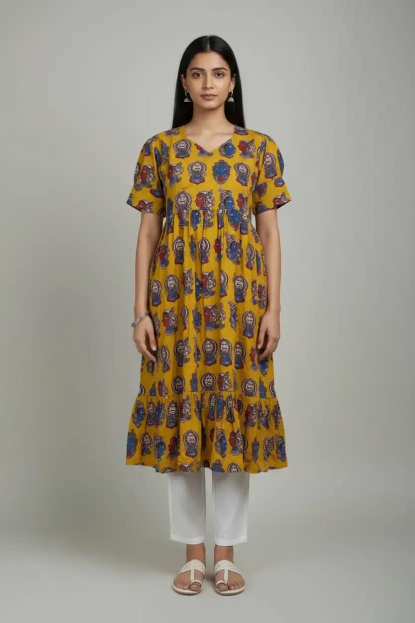 Pedana Kalamkari Tiered Cotton Dress in Mustard and Blue
