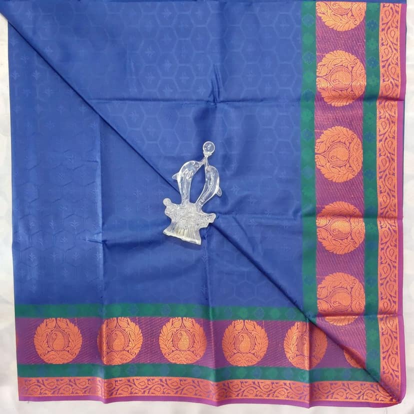 Poonthamil Silk Cotton Saree with Blouse - Blue view 3