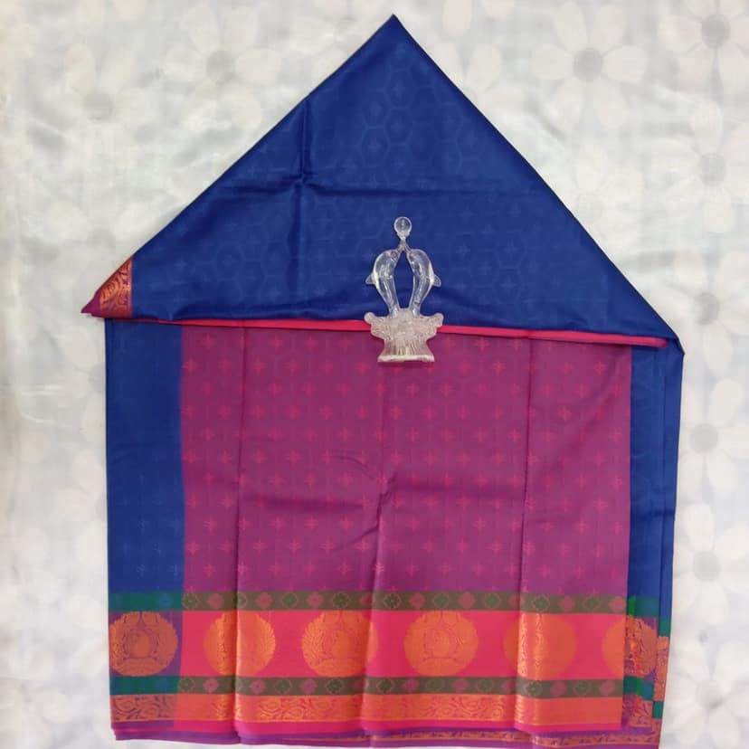 Poonthamil Silk Cotton Saree with Blouse - Blue view 4