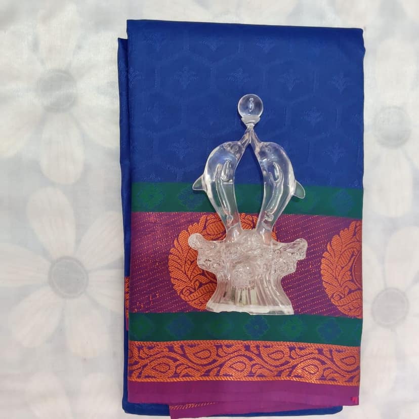 Poonthamil Silk Cotton Saree with Blouse - Blue view 5