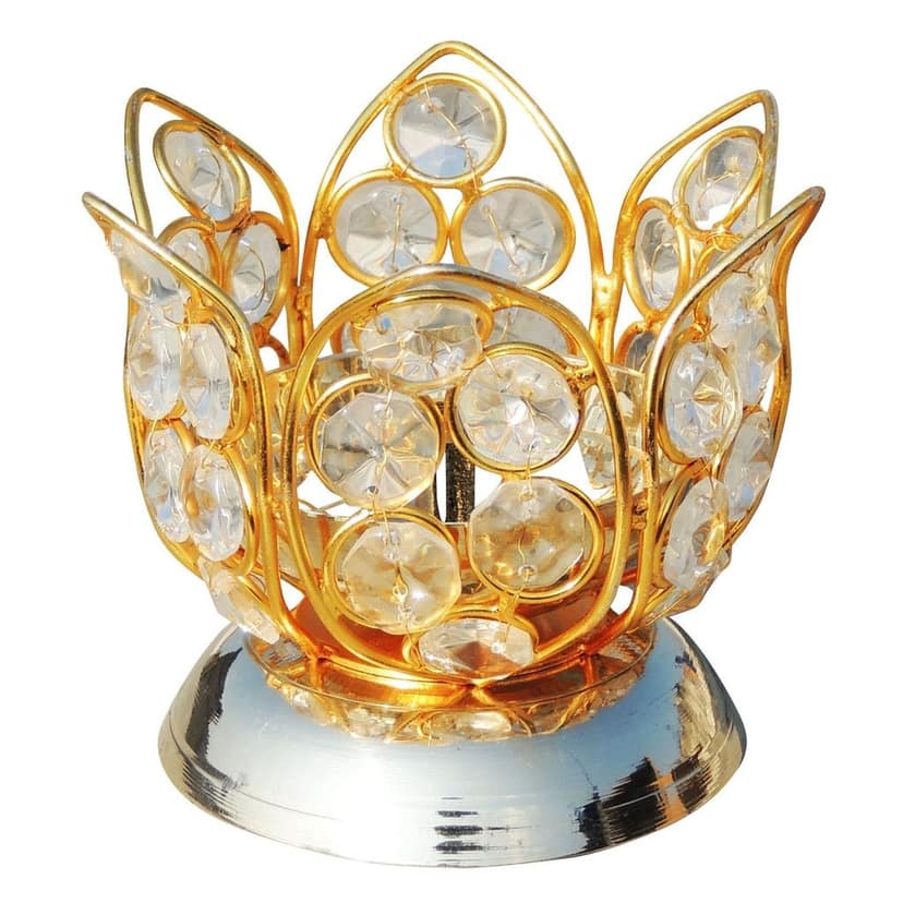 Brass Table Decor Oil Lamp Deepak With Crystal - Traditional Oil Lamp for Puja Room, Height : 3.2 Inch (ZMAS163 B) view 2