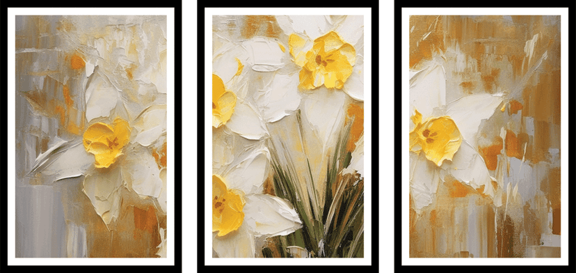 SET OF 3 WHITE AND YELLOW FLORAL PRINTS 48in X 24in WITH BLACK FRAME view 2