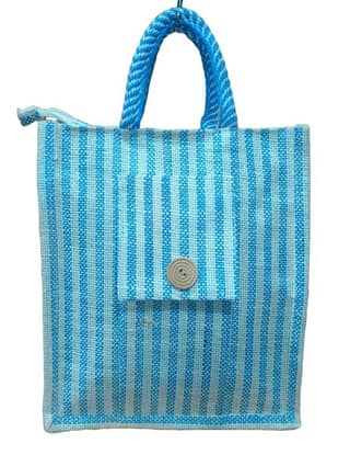 Striped Blue Jute Tote Bag with Pocket - Eco-Friendly & Stylish