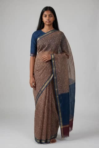 Kota Doria Cotton Saree Mocha Brown Block Print Paisley