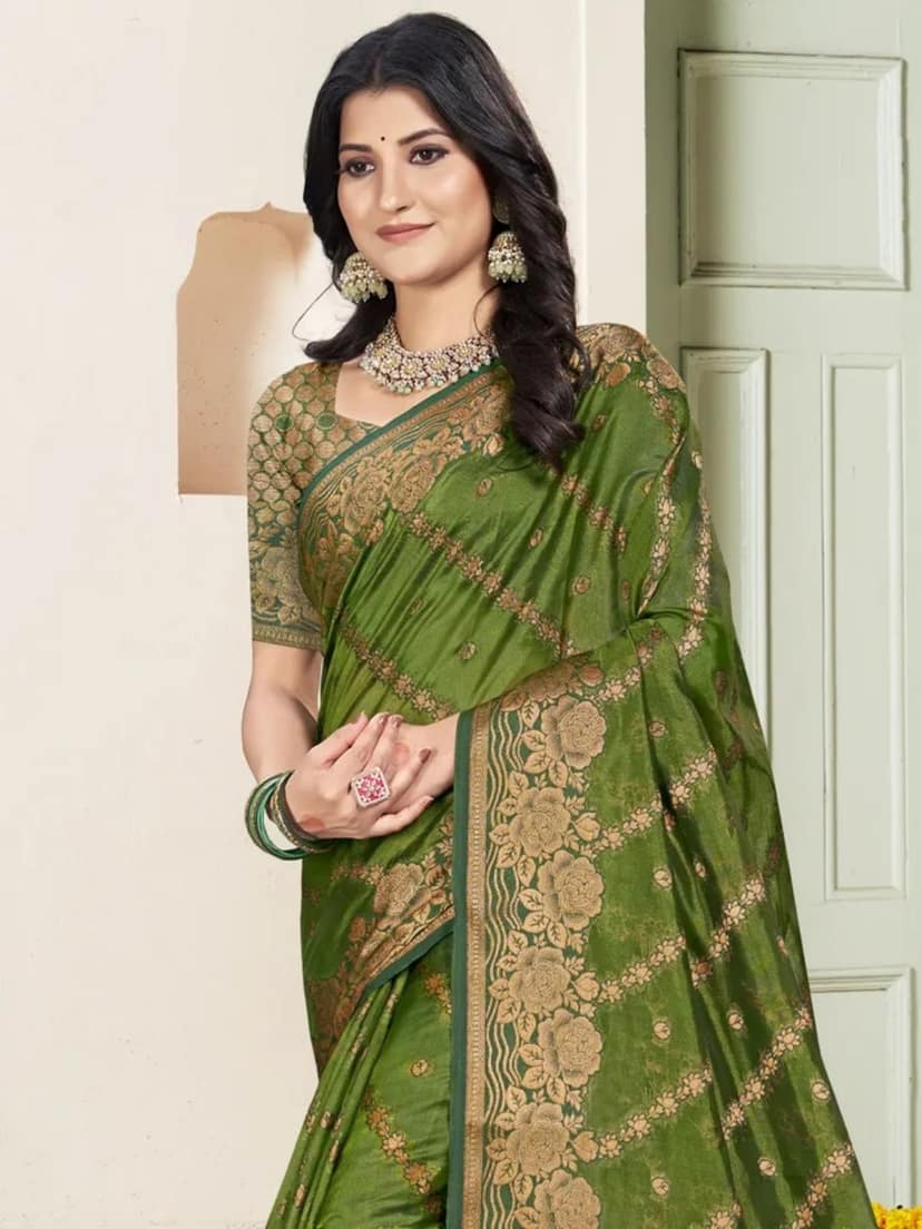 Olive Green Silk Saree view 2