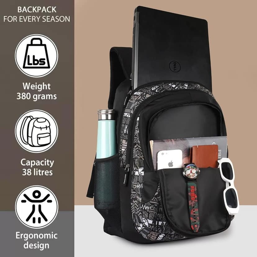 Wild Class 5-12 School Bag for Boys Girls Man Woman | Laptop Bagpack Back pack for Men Women | 3 Zips Stylish And Trendy College Bags for Students (Aztec Print) (Black and Grey) view 2