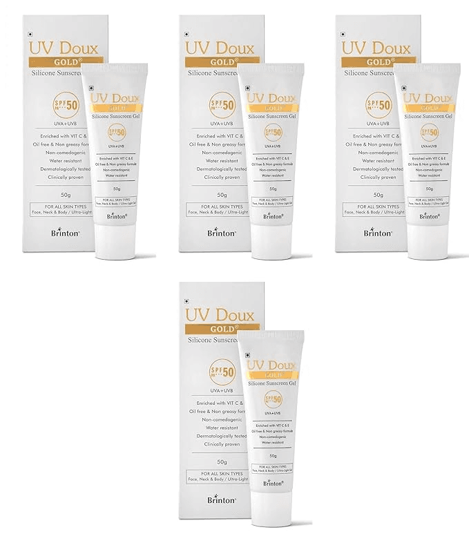 Brinton UV Doux Gold Silicone Sunscreen Gel SPF 50 PA+++ Enriched With Vitamin C & E | Water Resistant Oil Free & Non- Greasy | UVA/UVB With Broad Spectrum 50 g x Pack of 4