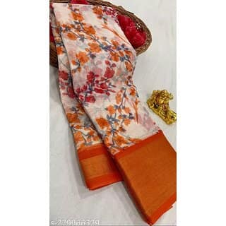 Orange Colour Flower Cotton Silk Saree With Blouse Piece