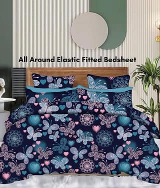 YKNIP Cotton Floral Printed Fitted 1 Bedsheet with 2 Pillow Covers ( King Size ) - Blue