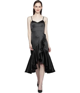 NUEVOSDAMAS Women Satin Solid Asymmetric Dress ( Green )