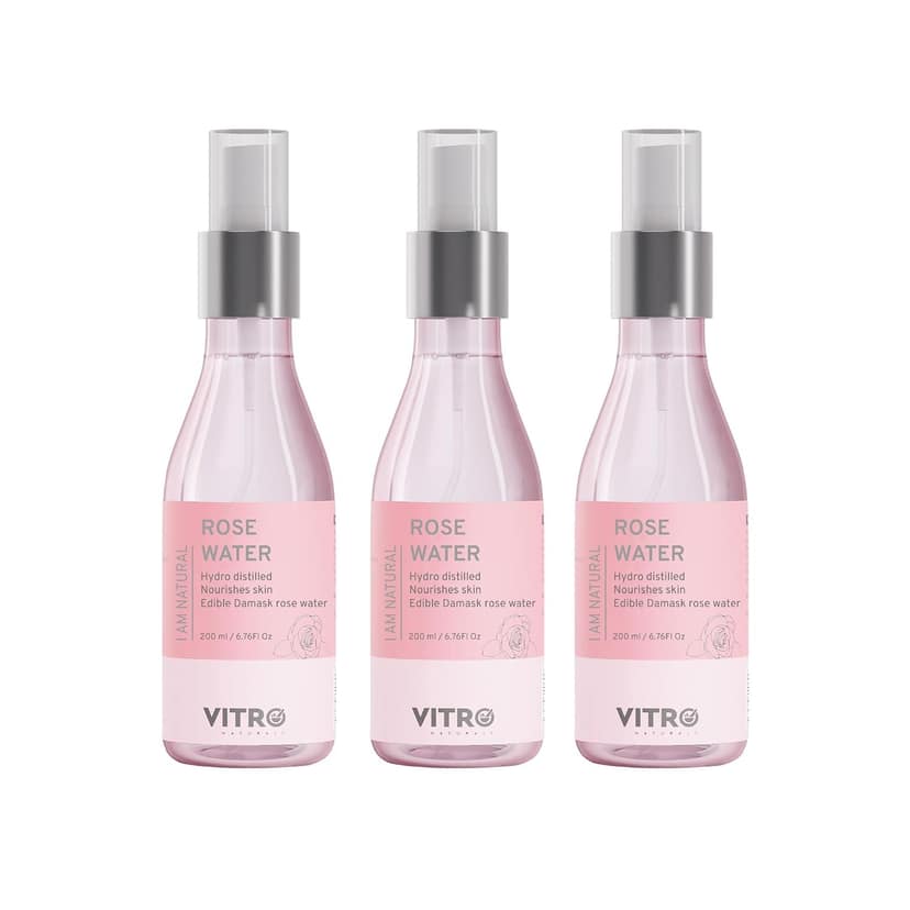 Vitro Naturals Hydro Distilled Pure Damask Rose Water Spray I Skin Toner I Face Toner I Makeup Remover I Gulab Jal I 100% Natural and Food Grade I Zero Artificial Fragrance & Alcohol I 3 X 200 ML Vitro Naturals Hydro Distilled Pure Damask Rose Water Spra
