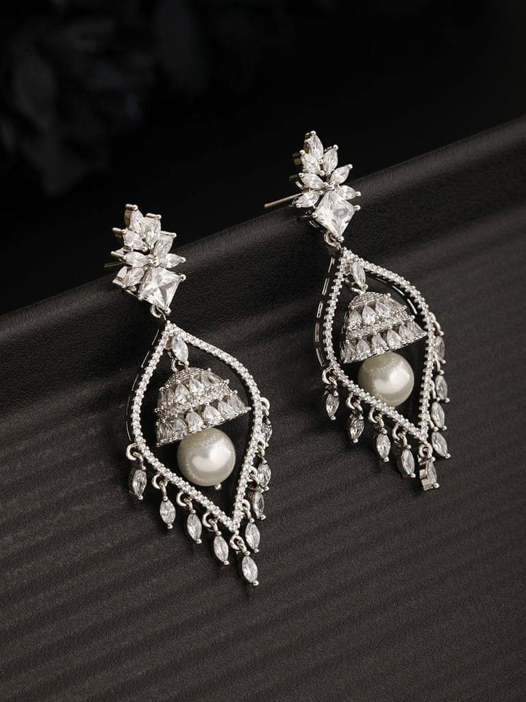 Silver Plated CZ Studded & Pearl Beaded Delicate Jhumka Chandelier Earrings view 3