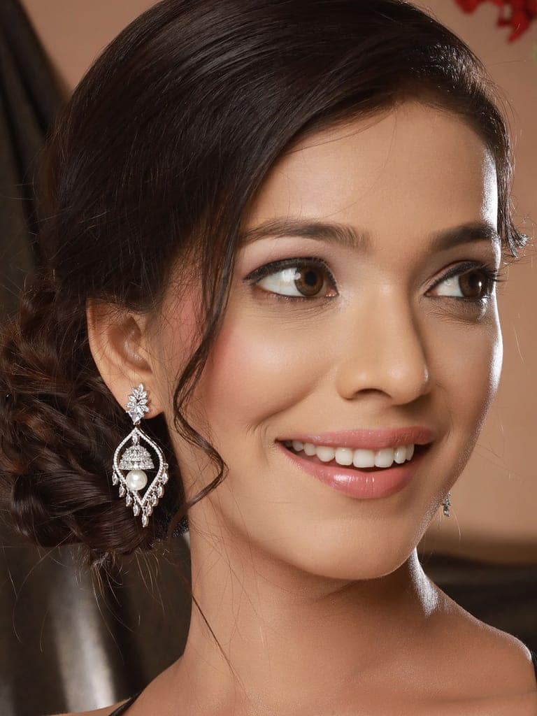 Silver Plated CZ Studded & Pearl Beaded Delicate Jhumka Chandelier Earrings view 4