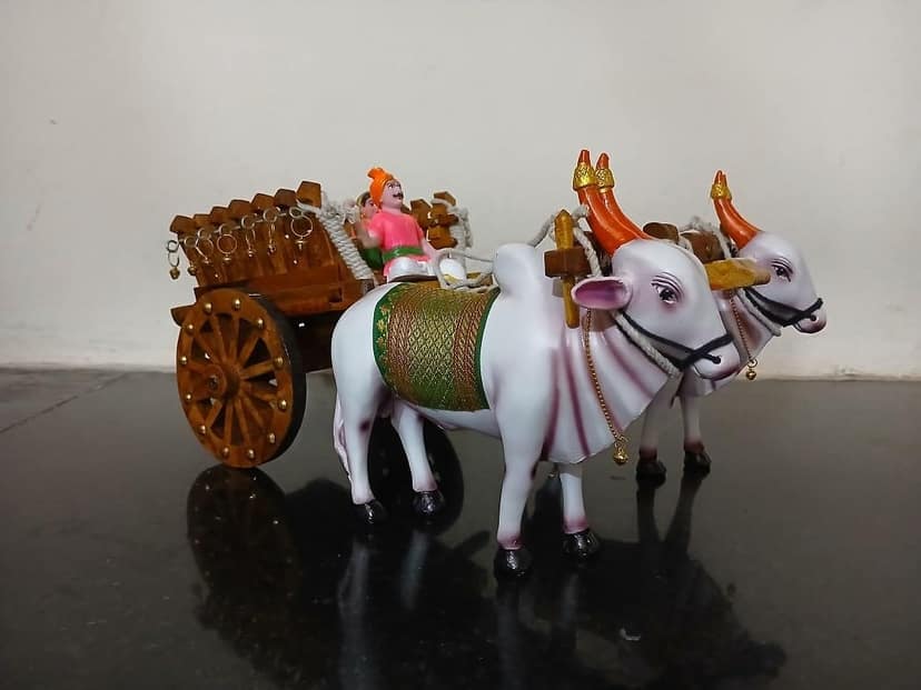 Samsam Samyak Teak / Sagwan Wood Handicraft Full Set Bullock Cart with Desi Cart Includes Bulls Pair & A Couple Made of Fiber (15" x 8" x 7") view 2
