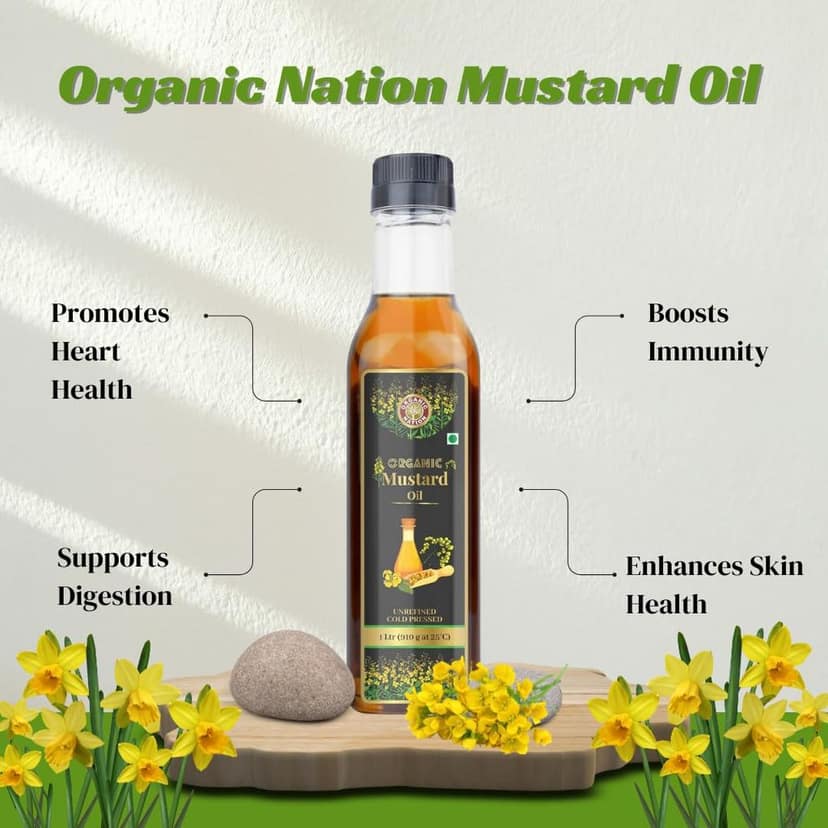 Organic Nation Mustard Oil | Kachi Ghani Cold Pressed Virgin Mustard Oil | 100% Natural, Pure & Wood Pressed for Cooking, Skin Care, Joint Pain Remedy, and a Healthy Heart combo Pack of 2 1ltr each view 4