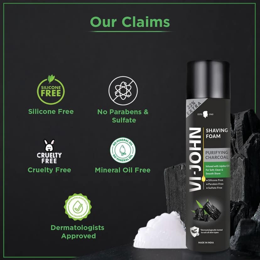 VI-JOHN Purifying Charcoal Shaving Foam 300gm and Shave Pro 2-Blade Razors Pack of 5 view 3